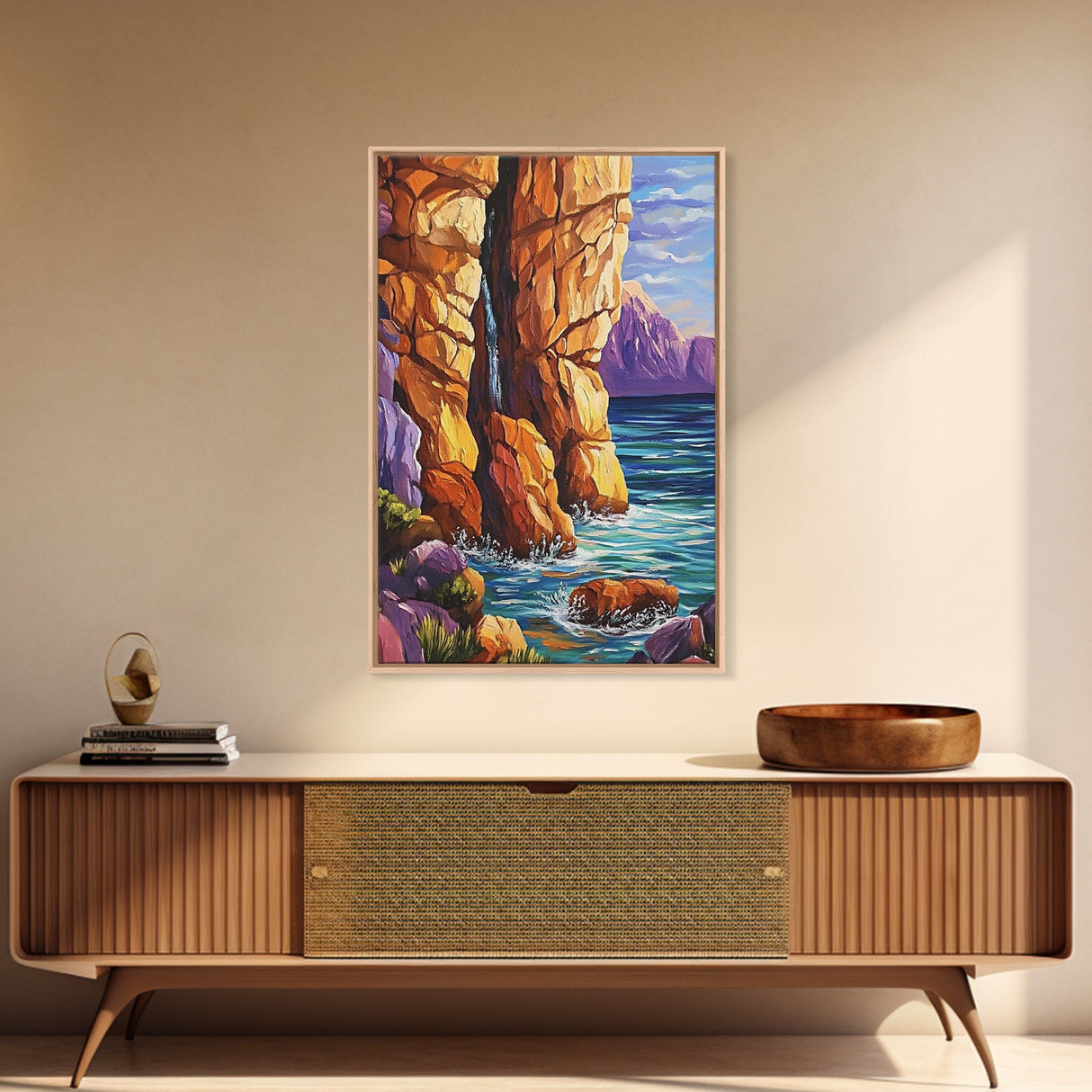 Canyon Waterfall, Ocean Cliffs, Nature Escape, Rugged Landscape, Fall Season Decor, Living Room Wall Art, Framed Canvas Print
