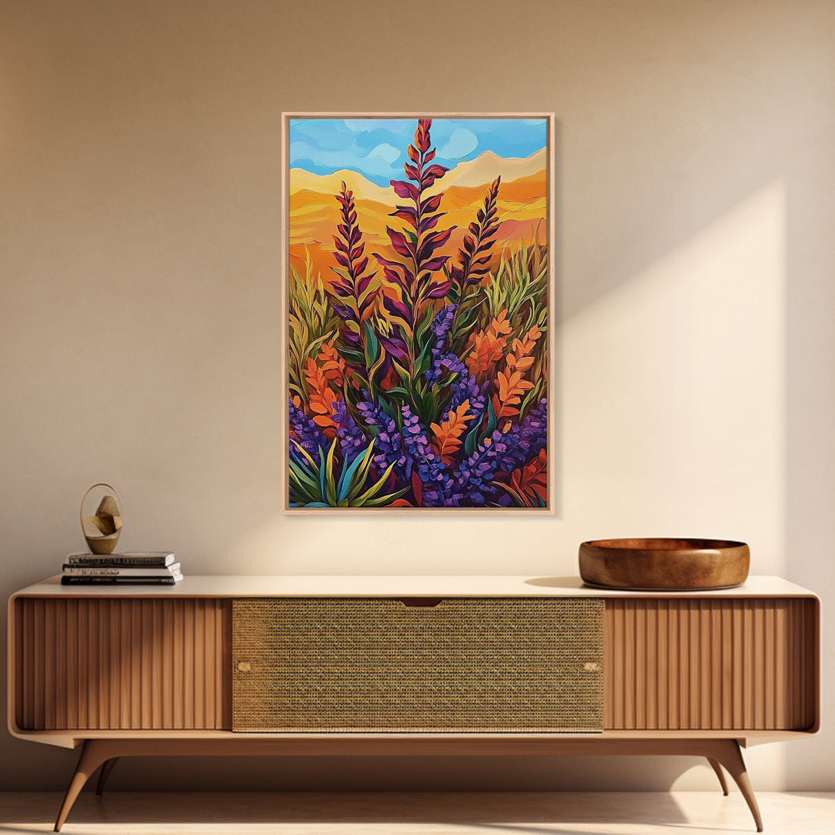 Wildflower Field, Autumn Leaves, Mountain Sunset, Earth Tones, Fall Botanical Art, Living Room Wall Art, Framed Canvas Print