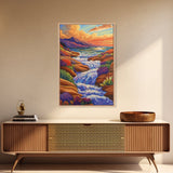 Waterfall Stream, Sunset Sky, Mountain Flow, Fall Colors, Nature Home Decor, Rustic Cabin Vibe, Canvas Print, Living Room Wall Art