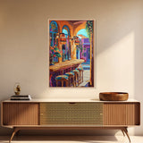Wine Bar Scene, Cozy Bistro, Mediterranean Patio, Colorful Bar Decor, Kitchen Wall Art, Eclectic Style, Framed Canvas Print