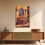 Spanish Piano, Sunlit Interior, Warm Rustic Style, Music Room Wall Art, Traditional Decor, Framed Canvas Print, Mediterranean Home Vibe