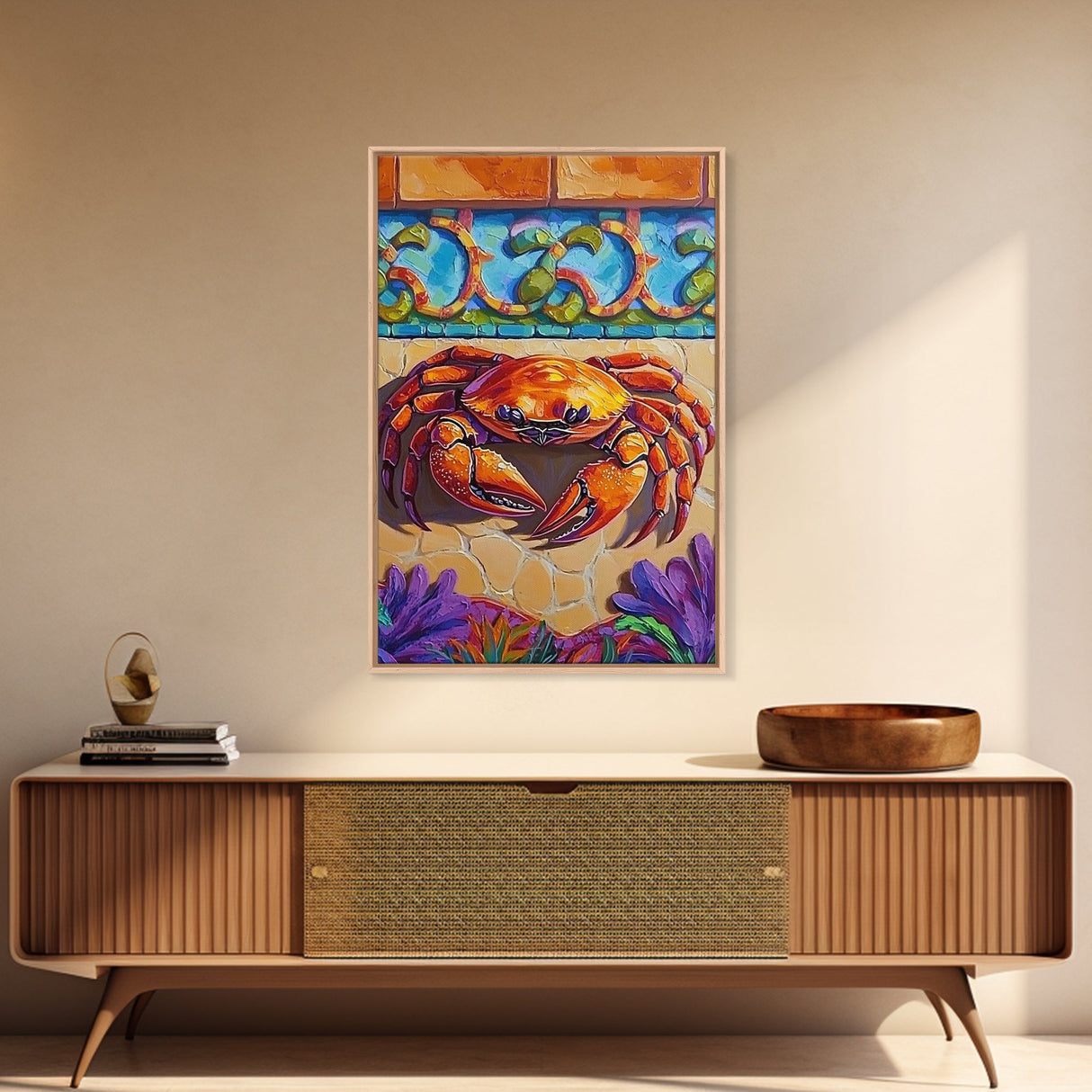 Colorful Crab, Coastal Tile Art, Beachy Wall Accent, Nautical Style, Kitchen Wall Art, Seaside Decor, Canvas Print, Tropical Vibe