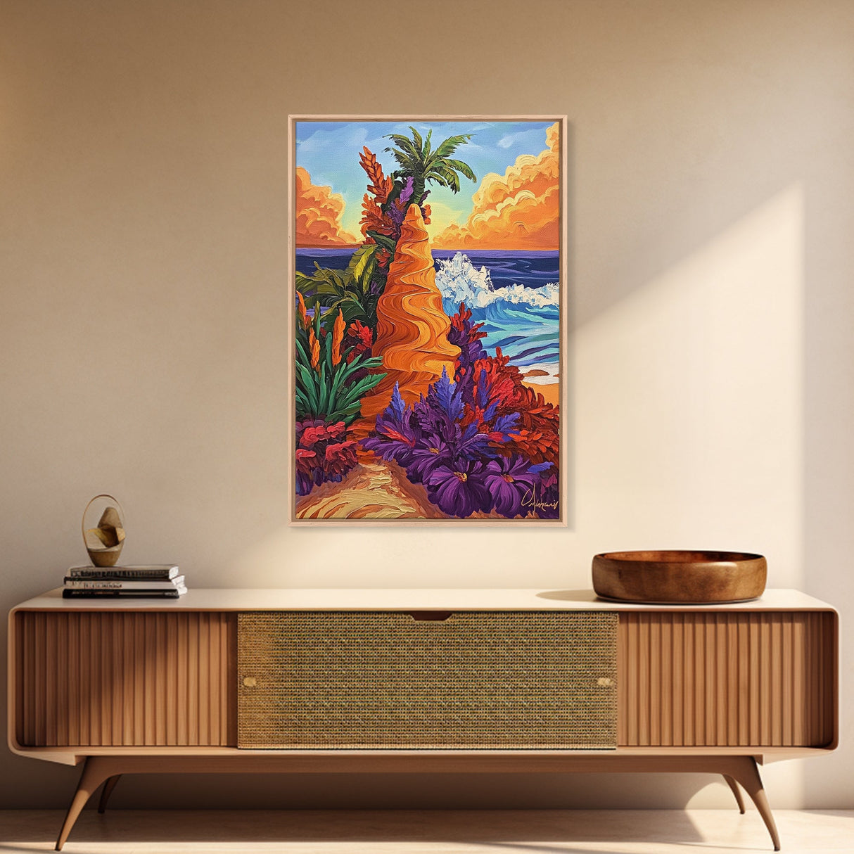 Tropical Bluff, Palm Trees, Coastal Fantasy Scene, Bold Beach Colors, Seaside Home Decor, Canvas Print, Living Room Wall Art
