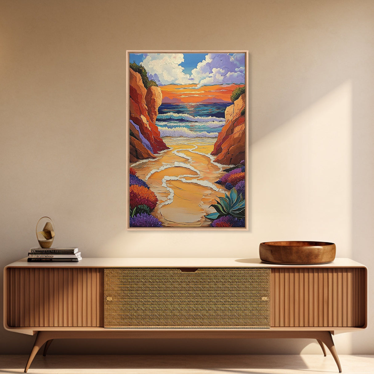 Golden Beach, Sunset Cliffs, Vibrant Ocean Art, Coastal Escape, Fall Color Palette, Canvas Print, Bedroom Wall Art, Tranquil Style