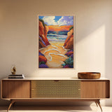 Golden Beach, Sunset Cliffs, Vibrant Ocean Art, Coastal Escape, Fall Color Palette, Canvas Print, Bedroom Wall Art, Tranquil Style