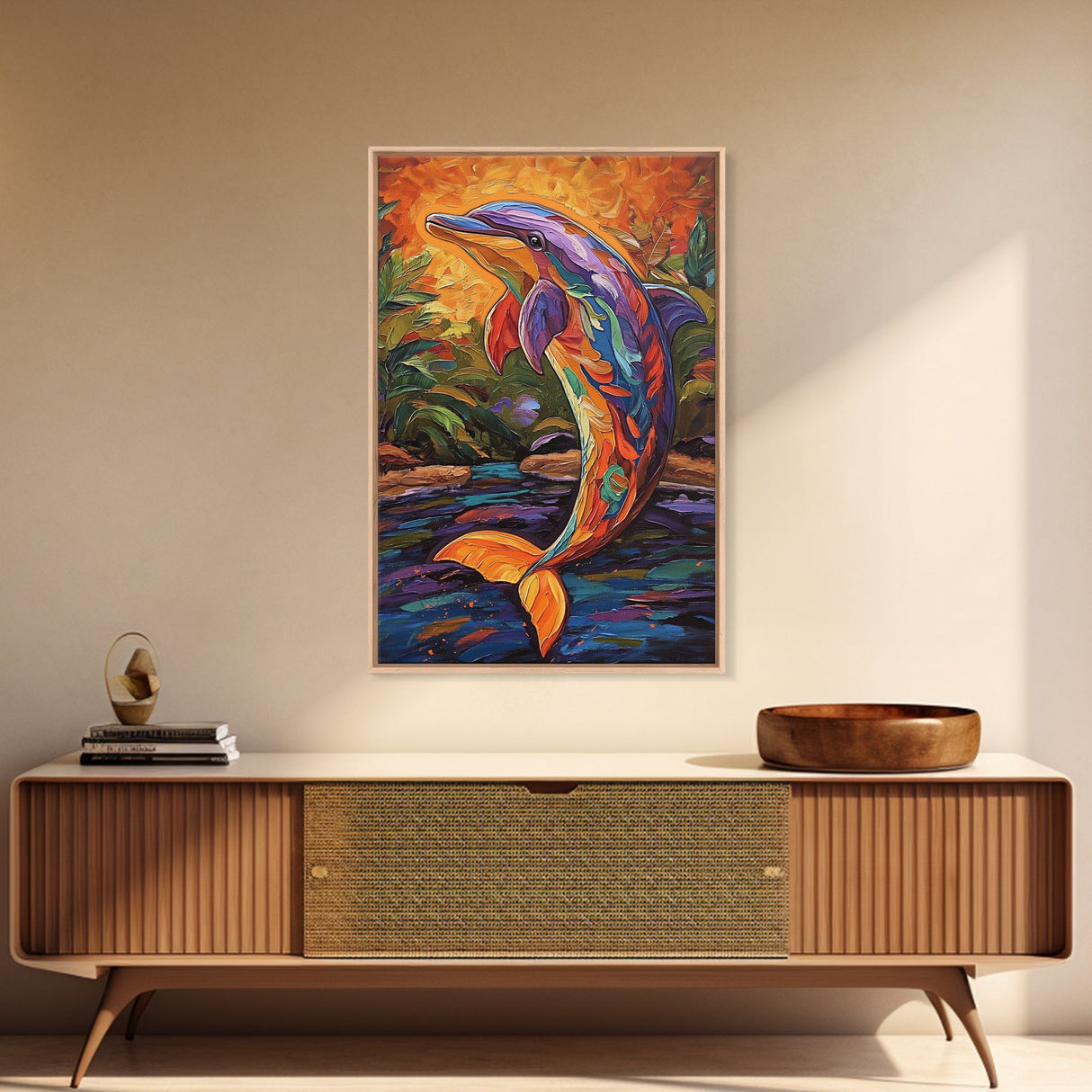 Dolphin Colorful Ocean Art, Framed Canvas Print, Tropical beach art, boho animal painting, coastal nursery wall art, vivid decor