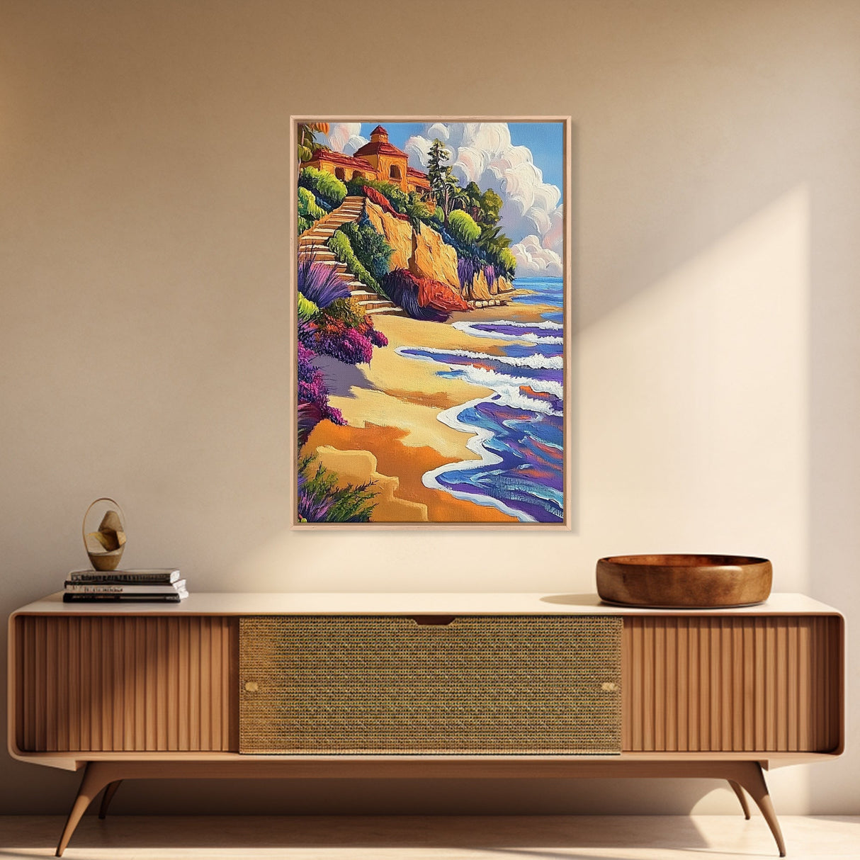 Seaside Villa, Cliffside Beach, Coastal Home Art, Warm Summer Scene, Mediterranean Decor, Canvas Print, Dining Room Wall Accent
