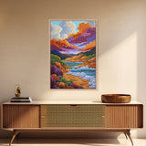 Dramatic Sky, Ocean Hills, Coastal Magic, Colorful Clouds, Framed Canvas Print, living room coastal decor, vibrant nature art, boho fall