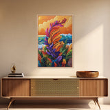 Feather Leaves, Ocean Vibe, Sunset Garden, Fall Colors, Framed Canvas Print, botanical wave art, autumn leaf decor, coastal plant painting