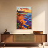 Vibrant Beach Sunset, Ocean Waves, Tropical Coastline, Coastal Landscape, Framed Canvas Print, Living Room Wall Art, Colorful Beach Art