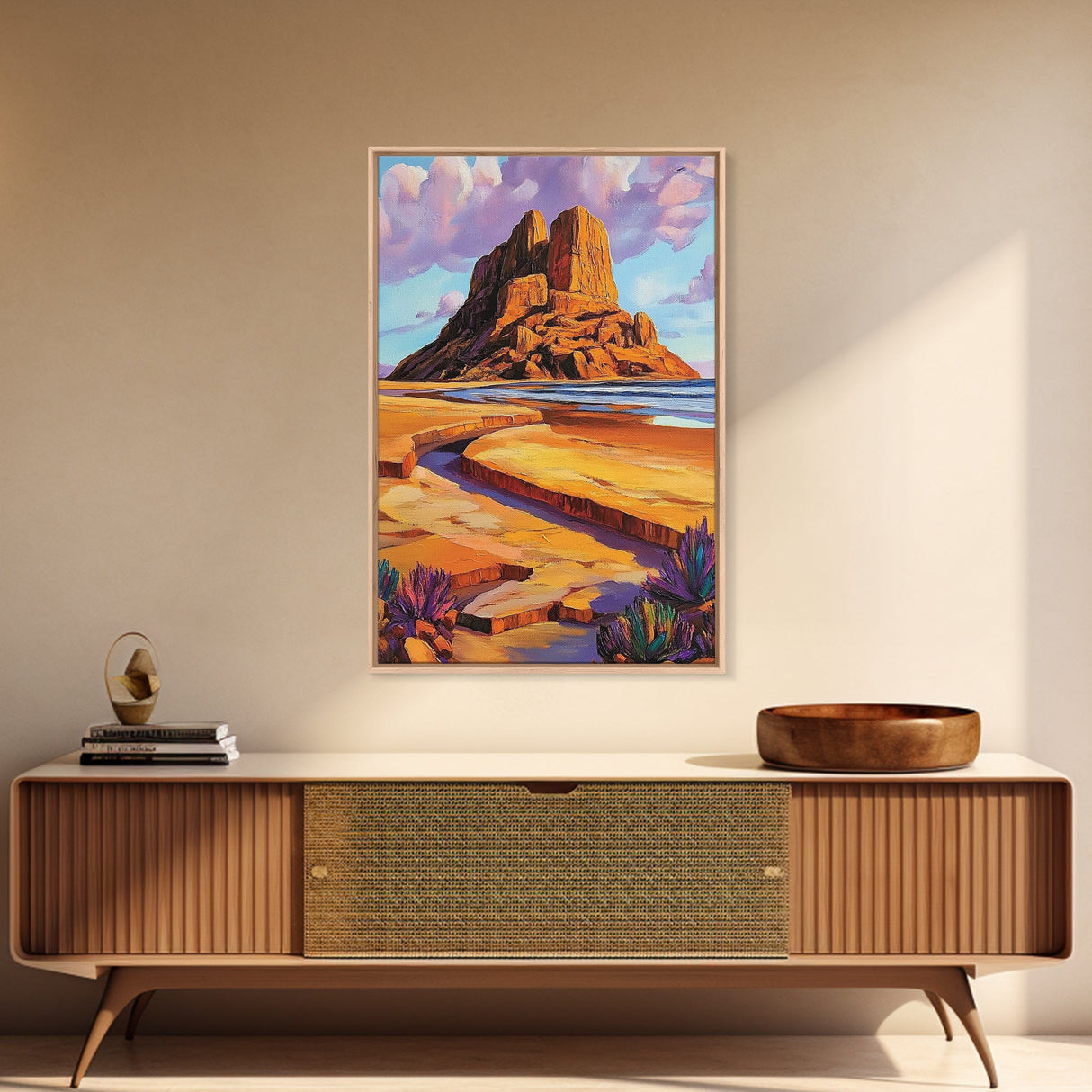 Desert Monolith, Canyon Rock, Purple Sky, Southwest Vibes, Framed Canvas Print, Boho Wall Art, Desert Landscape, Office Wall Decor