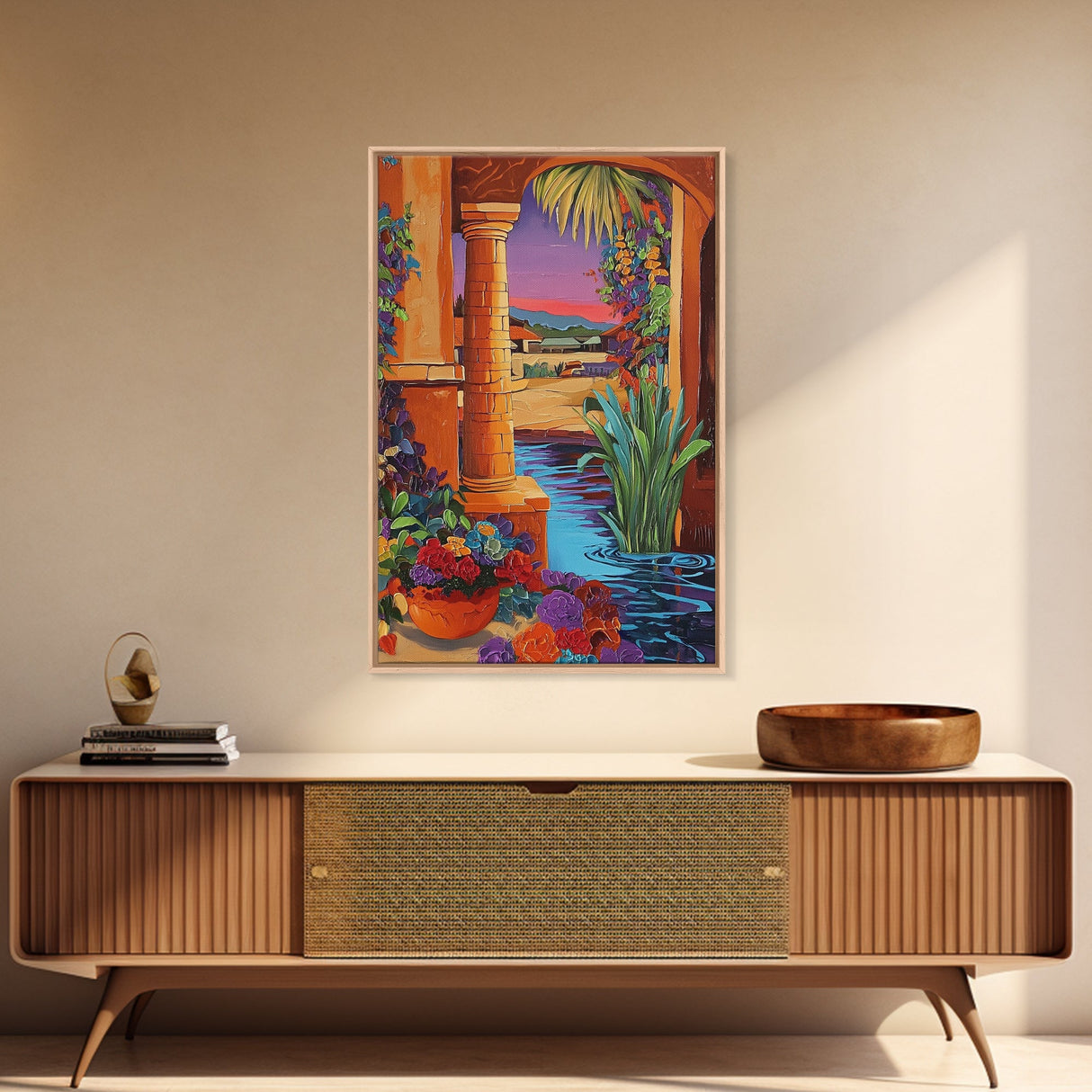 Desert Garden View, Vibrant Sunset Patio, Mexican Courtyard Scene, Framed Canvas Print, Colorful Patio Art, Kitchen Wall Art, Boho Decor