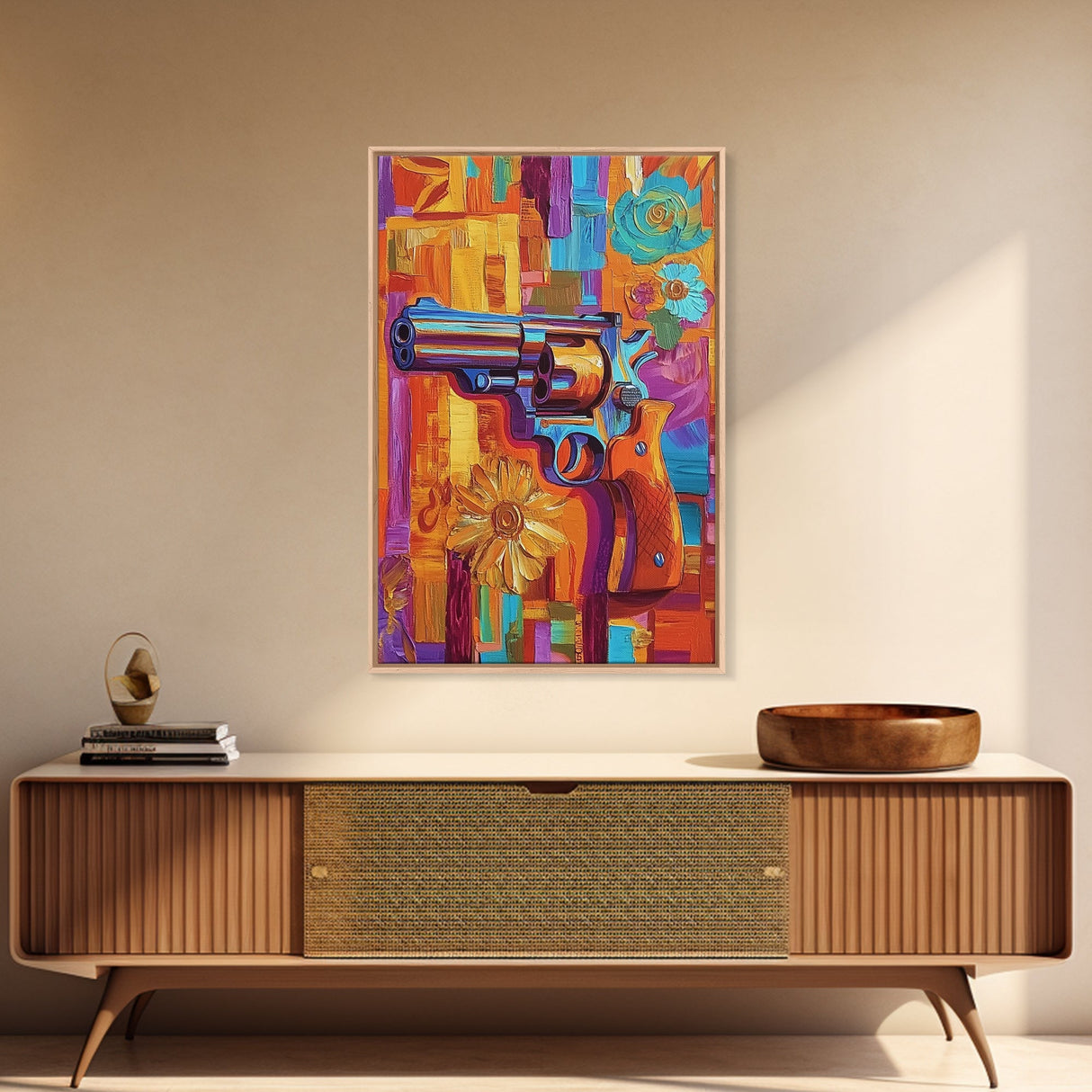Pop Art Revolver, Bold Gun Art, Urban Wall Decor, Framed Canvas Print, Eclectic Studio Wall Art, Psychedelic Style, Colorful Abstract Art