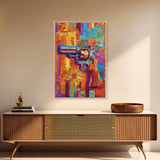 Pop Art Revolver, Bold Gun Art, Urban Wall Decor, Framed Canvas Print, Eclectic Studio Wall Art, Psychedelic Style, Colorful Abstract Art