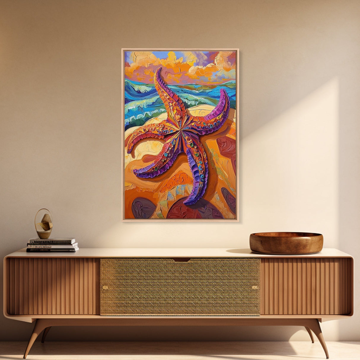 Starfish Closeup, Vibrant Shore, Ocean Texture, Coastal Beauty, Framed Canvas Print, Bathroom Wall Art, Beach House Decor, Seaside Boho Art