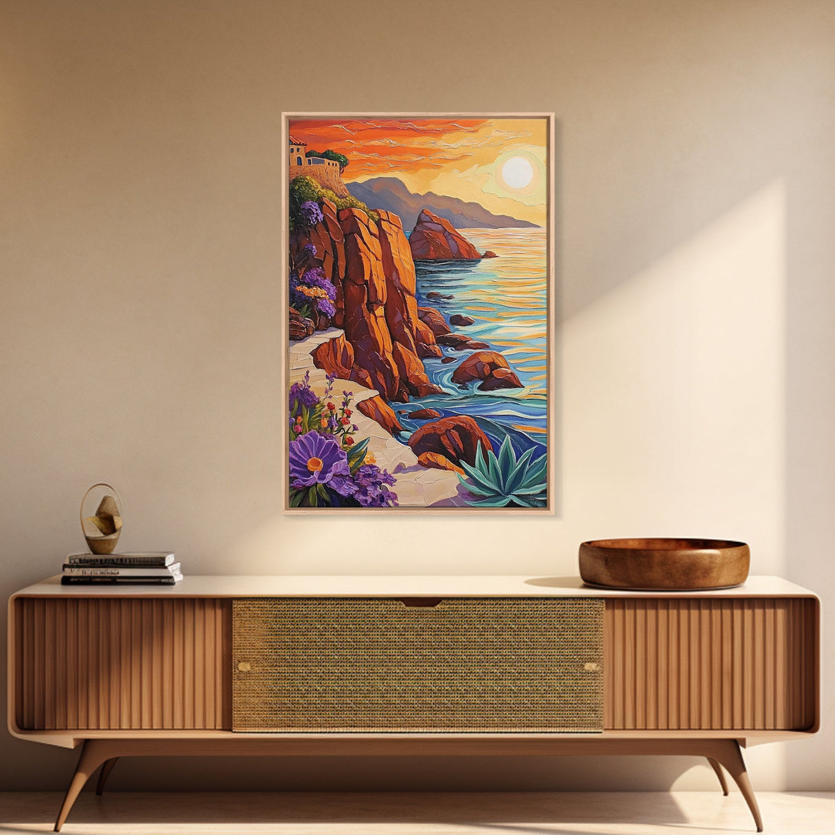 Sunset Coast, Rocky Shore, Ocean Glow, Golden Hour, Framed Canvas Print, Living Room Wall Art, Nature Landscape Decor, Coastal Fall Artwork