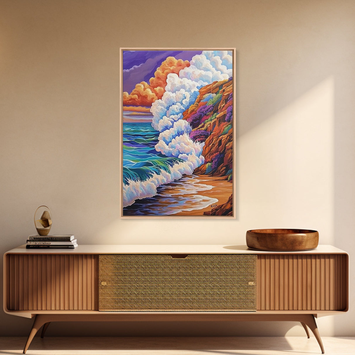 Ocean Wave, Sunset Sky, Rocky Coast, Vibrant Sea — Framed Canvas Print beach wall decor, colorful ocean art, coastal living room wall art