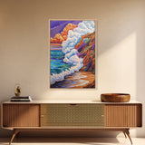 Ocean Wave, Sunset Sky, Rocky Coast, Vibrant Sea — Framed Canvas Print beach wall decor, colorful ocean art, coastal living room wall art