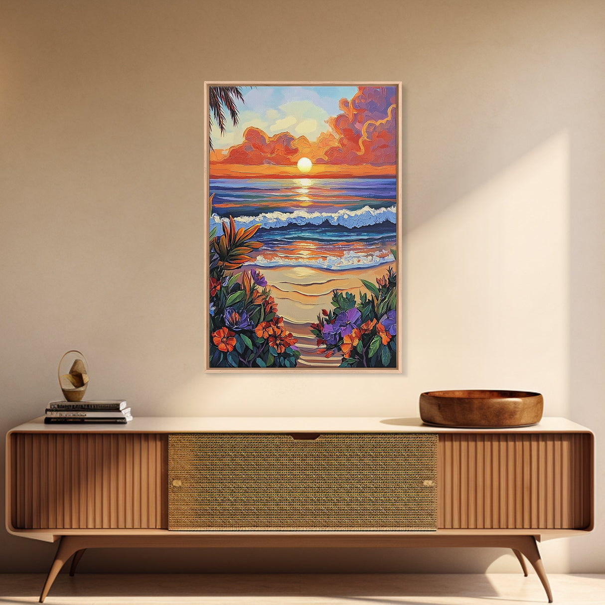 Tropical Beach, Sunset Waves, Lush Florals, Orange Glow — Framed Canvas Print vibrant coastal art, bathroom or bedroom beach decor, boho vibe