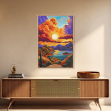 Golden Sky, Mountain Lake, Sunset Clouds, Vibrant Hills — Canvas Print whimsical nature scene, bold landscape wall decor, cozy Autumn vibe