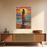 Sunset Beach Woman, Ocean Waves Art, Boho Coastal Decor, Tropical Wall Art, Canvas Print, Living Room Accent, Vibrant Beach Scene