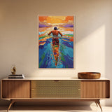 Man Swimming Sunset, Ocean Freedom Art, Tropical Wall Decor, Canvas Print, Bright Water Colors, Bold Bathroom Wall Art