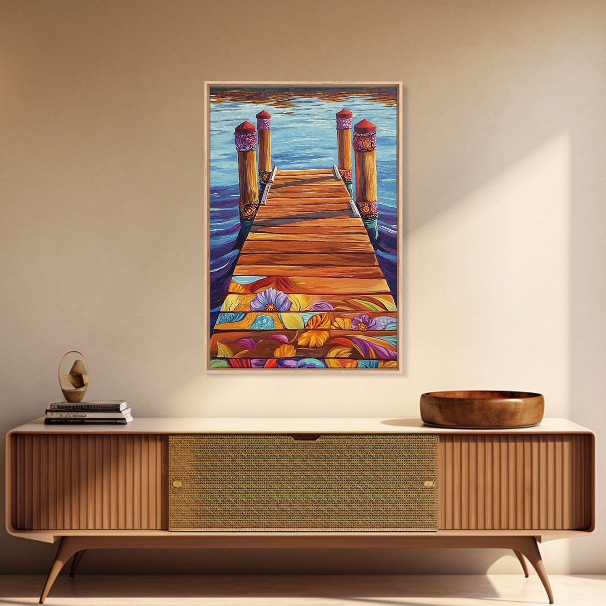 Painted Dock Scene, Vibrant Water Art, Lake House Decor, Canvas Print, Boho Coastal Wall Art, Summer Vibes, Nature Inspired