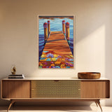 Painted Dock Scene, Vibrant Water Art, Lake House Decor, Canvas Print, Boho Coastal Wall Art, Summer Vibes, Nature Inspired
