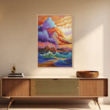 Stormy Coastal Sunset, Rainbow Clouds Over Ocean, Dramatic Sky Wall Art, Framed Canvas Print, Boho Nature Decor, Living Room Art