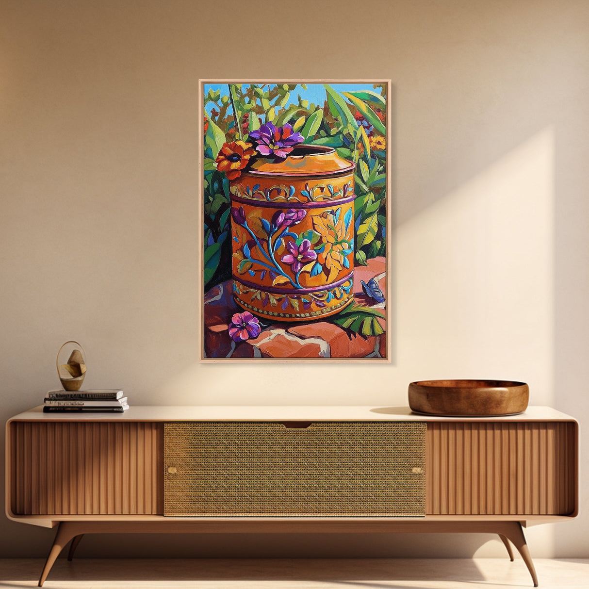 Floral Pot Still Life, Garden Patio Art, Colorful Ceramic Design, Framed Canvas Print, Kitchen Wall Art, Bohemian Home Style