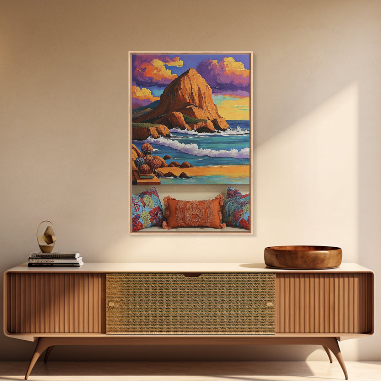 Sunset Beach, Cliffs, Waves, Framed Canvas Print vibrant coastal wall art, beach house decor, ocean cliffs, boho style, living room wall art