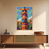 Totem Pole Painting, Tribal Inspired Decor, Canvas Print, Vibrant Wall Art, Boho Art Style, Entryway Statement Art, Unique Cultural Art