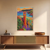 Coastal Landmark Art, Beach Garden View, Framed Canvas Print, Vibrant Landscape Wall Art, Sunroom Decor, Bright Coastal Scene