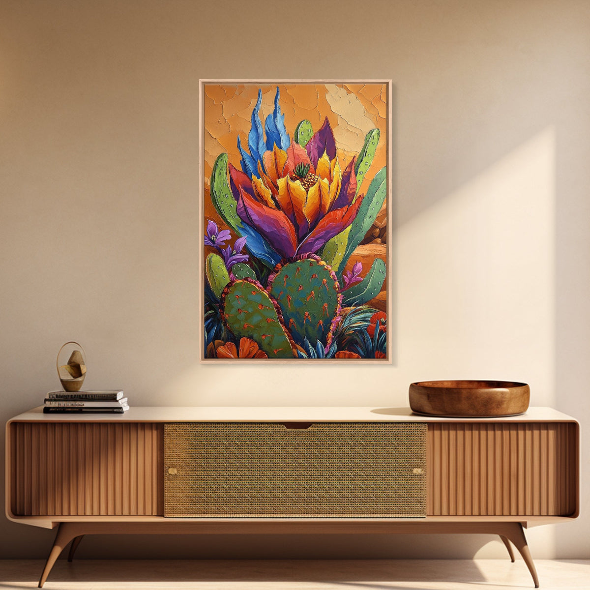 Cactus Blooming, Desert, Vivid, Framed Canvas Print bold southwest art, colorful desert cactus, southwestern home decor, kitchen wall art
