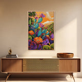 Prickly Wildflowers, Cactus, Garden, Framed Canvas Print floral cactus art, vibrant botanical painting, nature decor, desert boho living room