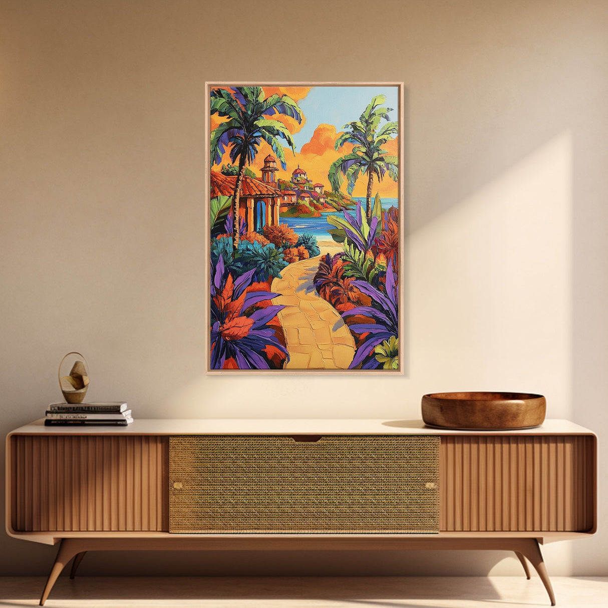 Coastal Village Path, Sunset Vibes, Tropical Getaway, Bright Colors, Framed Canvas Print, Coastal Wall Art, Living Room Decor, Boho Art