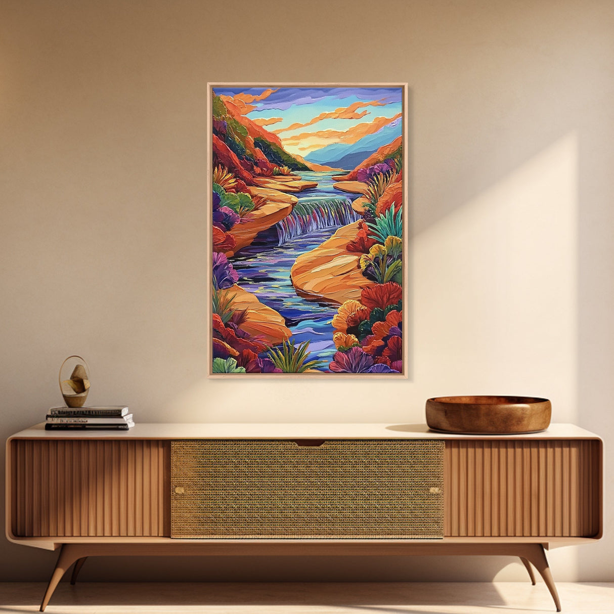 Canyon River Stream, Vibrant Landscape, Sunset Colors, Nature Scene, Framed Canvas Print, Bedroom Wall Art, Fall Home Decor, Boho Art