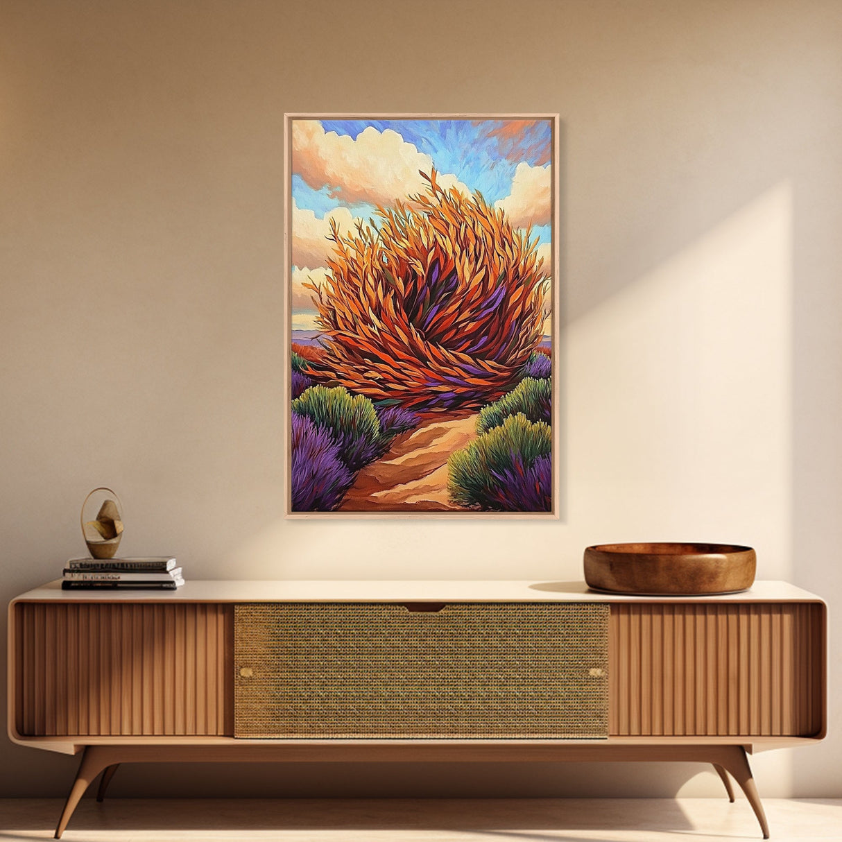 Desert Winds, Autumn Tumbleweed, Nature Path, Wild Colors, Framed Canvas Print, Entryway Wall Art, Fall Rustic Decor, Southwest Art