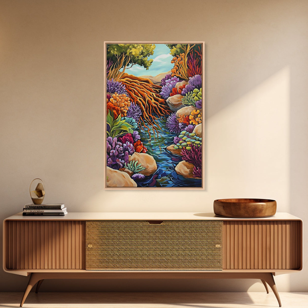 Tree Roots Water, Forest Creek, Vibrant Flora, Nature Beauty, Framed Canvas Print, Office Wall Art, Botanical Decor, Whimsical Art