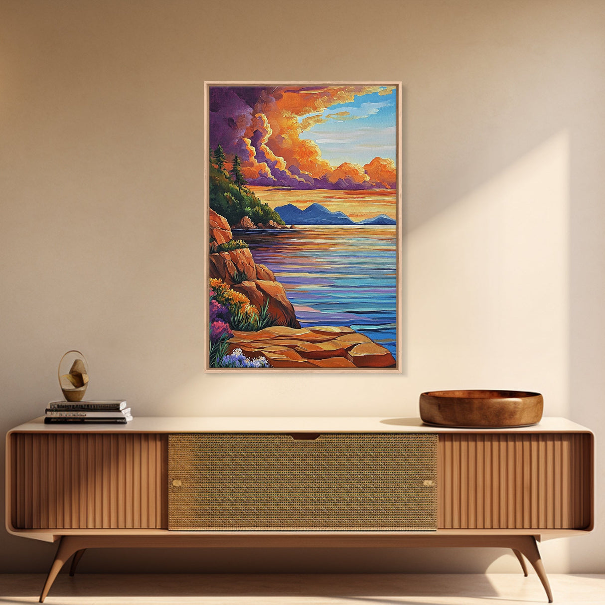 Sunset Shore, Tranquil, Mountains, Framed Canvas Print scenic mountain coast, sunset wall art, calming nature art, bohemian living room decor
