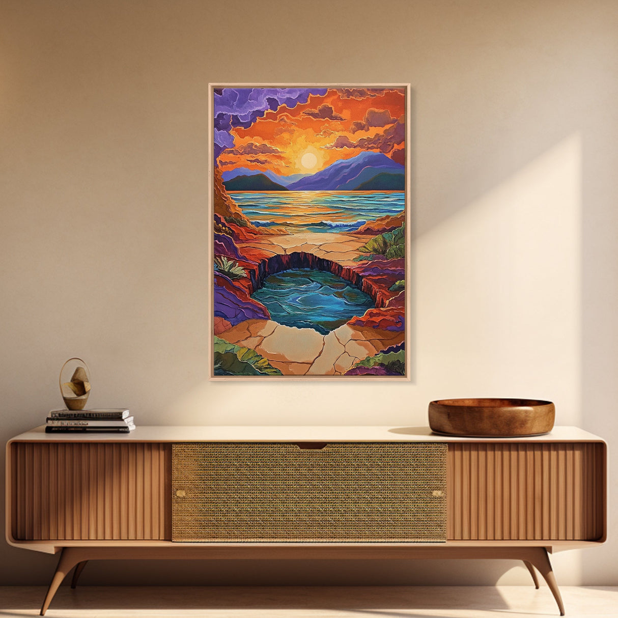Sunset Lake Reflection, Fiery Sky, Tranquil Water, Mountain Glow, Framed Canvas Print, Bedroom Wall Art, Autumn Decor, Serene Art