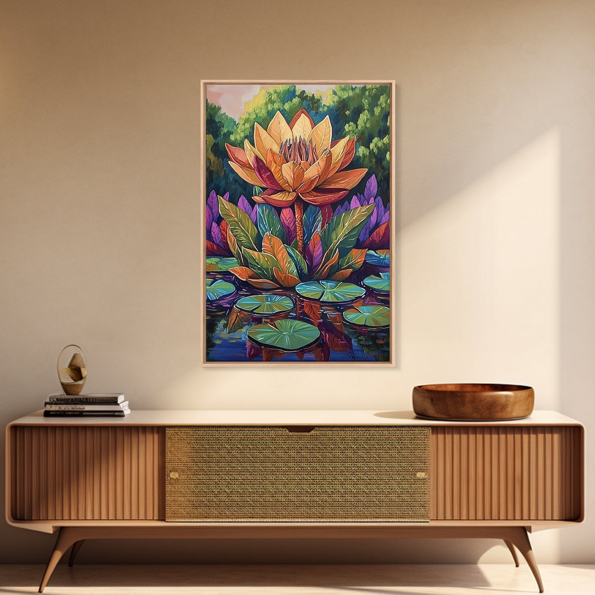 Large Lotus Flower, Tranquil Nature Art, Peaceful Botanical Scene, Framed Canvas Print, Boho Bathroom Wall Art, Zen Decor