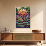 Large Lotus Flower, Tranquil Nature Art, Peaceful Botanical Scene, Framed Canvas Print, Boho Bathroom Wall Art, Zen Decor