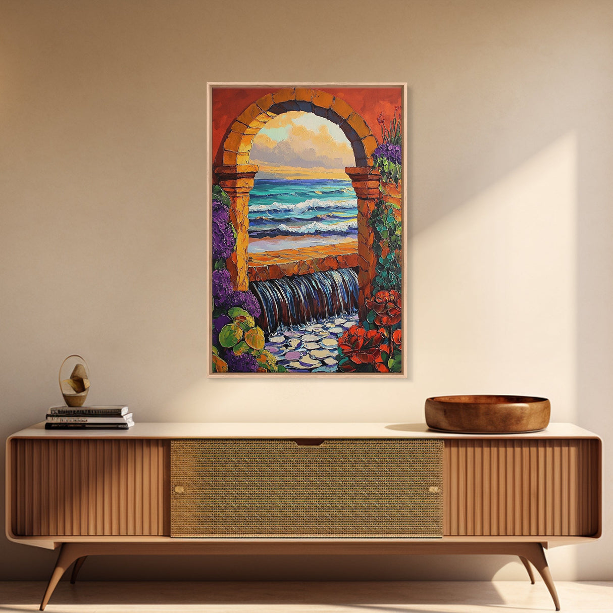 Stone Archway Ocean, Dreamy Seaside Scene, Romantic Sunset Art, Framed Canvas Print, Coastal Entryway Wall Art, Vacation Vibes