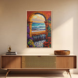 Stone Archway Ocean, Dreamy Seaside Scene, Romantic Sunset Art, Framed Canvas Print, Coastal Entryway Wall Art, Vacation Vibes