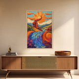 Sunflower River Scene, Whimsical Nature Landscape, Joyful Energy Art, Framed Canvas Print, Bright Nursery Wall Art, Autumn Boho Style