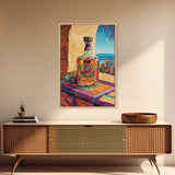 Tequila Bottle, Colorful Spirits, Bar Decor, Still Life, Framed Canvas Print kitchen wall art, Mexican bar art, fiesta rustic painting
