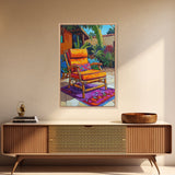 Chair Patio Palm, Tropical, Framed Canvas Print tropical garden wall art, colorful patio vibes, summer decor, boho sunroom wall art