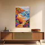 Colorful Beach, Tropical Waves, Vibrant Landscape, Coastal Flowers, Framed Canvas Print, boho art, sunroom wall decor, beach house painting