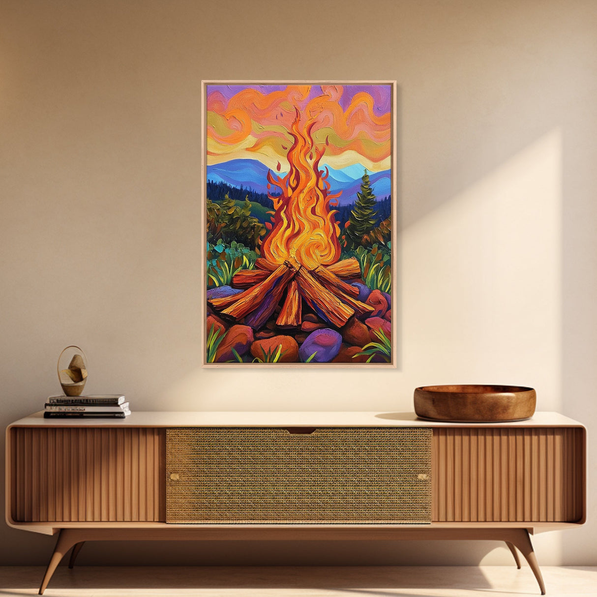 Flames Forest, Dusk, Firelight, Framed Canvas Print rustic bonfire wall art, forest painting, Autumn cabin decor, cozy living room wall art